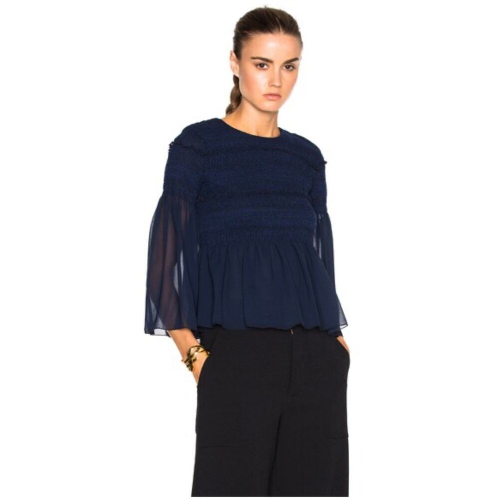 See By Chloe Dark Navy Peasant Top Sheer Sleeves‎ Smocked Bodice Boho Sz 4